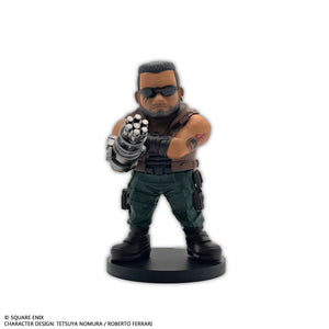 Front individual view of the Barret Wallace mini figure wearing sunglasses and pointing his heavy gatling gun right arm forward.