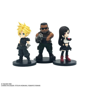 Front group shot of the stylized Cloud Strife, Barret Wallace, and Tifa Lockhart mini figures standing side-by-side on circular black bases.