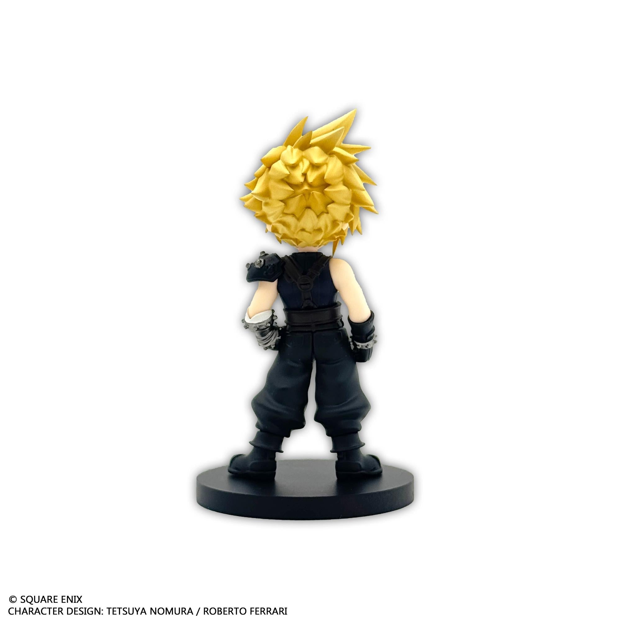 Rear individual view of the Cloud Strife mini figure, highlighting the spiked texture of his blonde hair and harness straps.