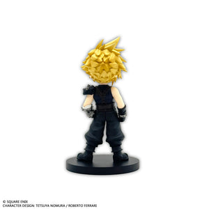 Rear individual view of the Cloud Strife mini figure, highlighting the spiked texture of his blonde hair and harness straps.
