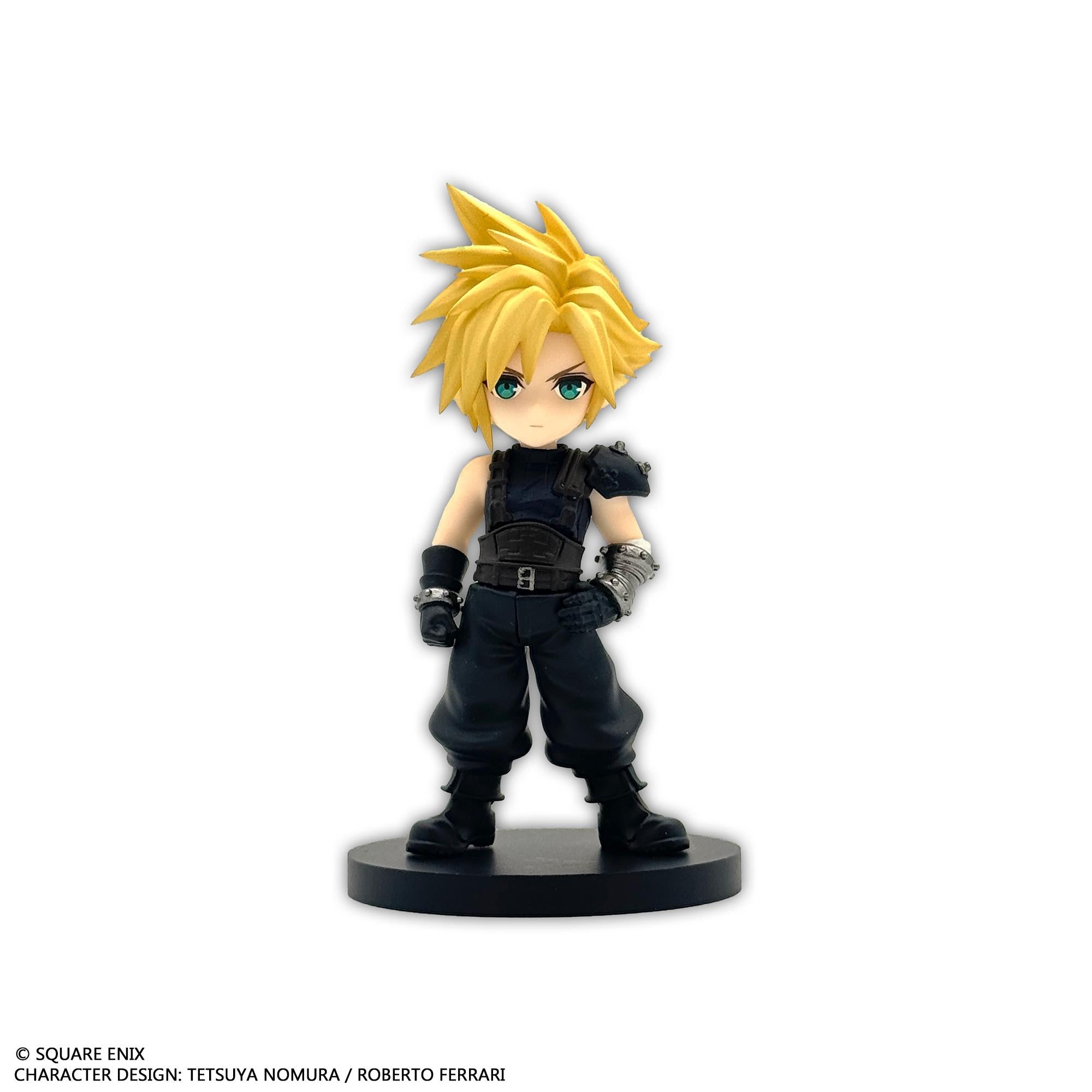 Front individual view of the Cloud Strife stylized mini figure, showcasing his iconic spiky blonde hair and dark blue SOLDIER uniform.