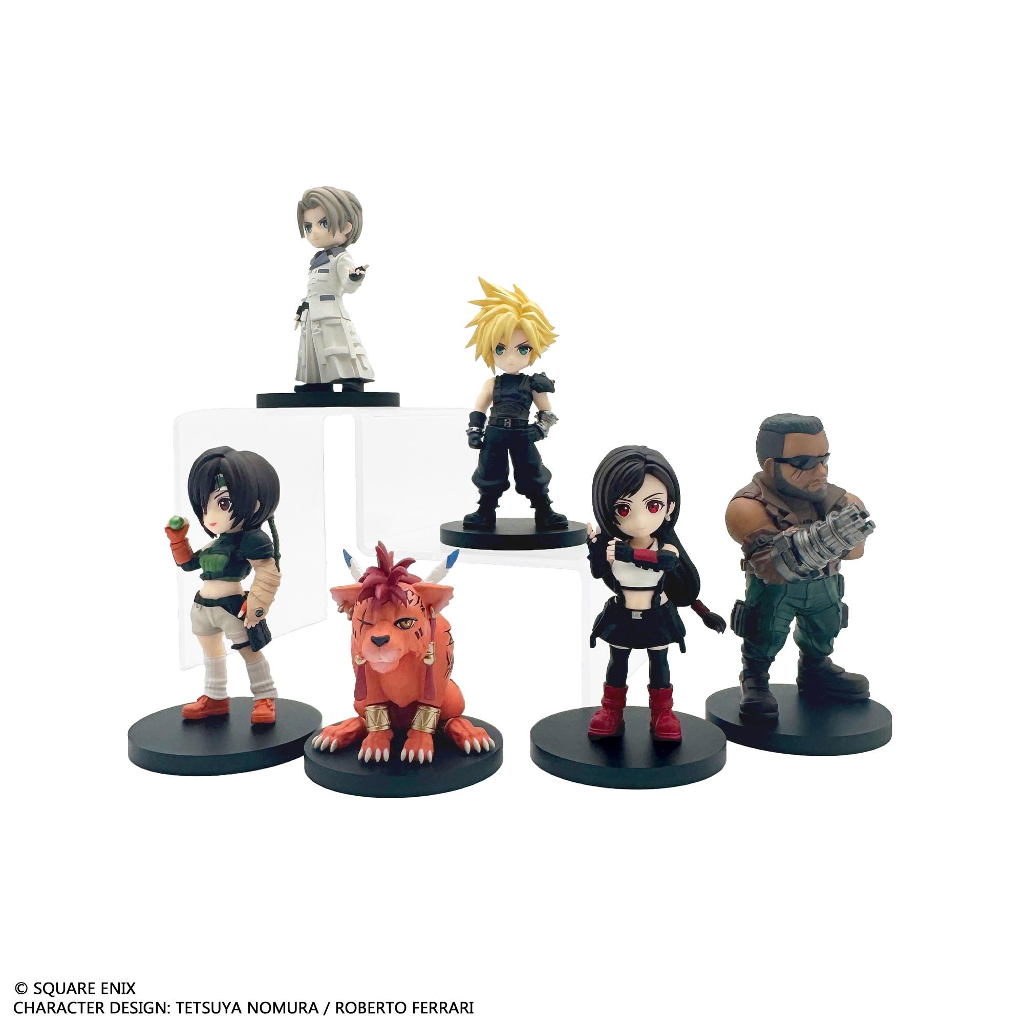 A group display of all six stylized mini figures from Final Fantasy VII Rebirth Adorable Arts Petit Vol. 1, including Cloud, Tifa, Barret, Yuffie, Red XIII, and Rufus on a white background.