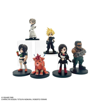A group display of all six stylized mini figures from Final Fantasy VII Rebirth Adorable Arts Petit Vol. 1, including Cloud, Tifa, Barret, Yuffie, Red XIII, and Rufus on a white background.