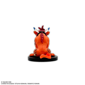 Rear view of the sitting Red XIII mini figure, showing his detailed dark orange coat markings and his upright, flame-tipped tail.
