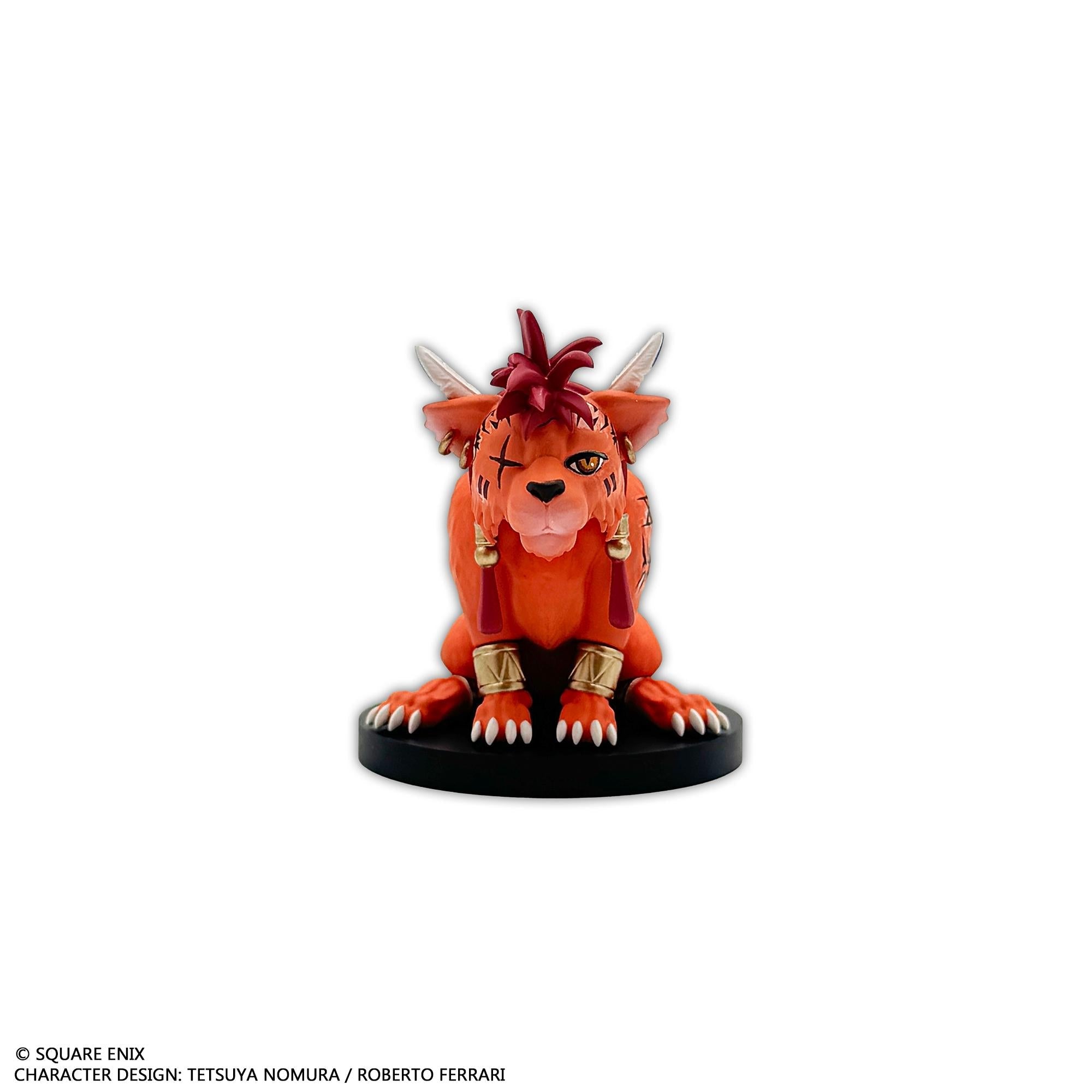 Front individual sitting view of the Red XIII quadruped lion-like mini figure, displaying his scarred right eye, fiery orange fur, and feather ear accessories.
