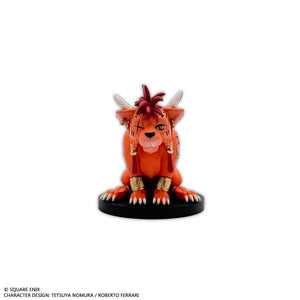 Front individual sitting view of the Red XIII quadruped lion-like mini figure, displaying his scarred right eye, fiery orange fur, and feather ear accessories.