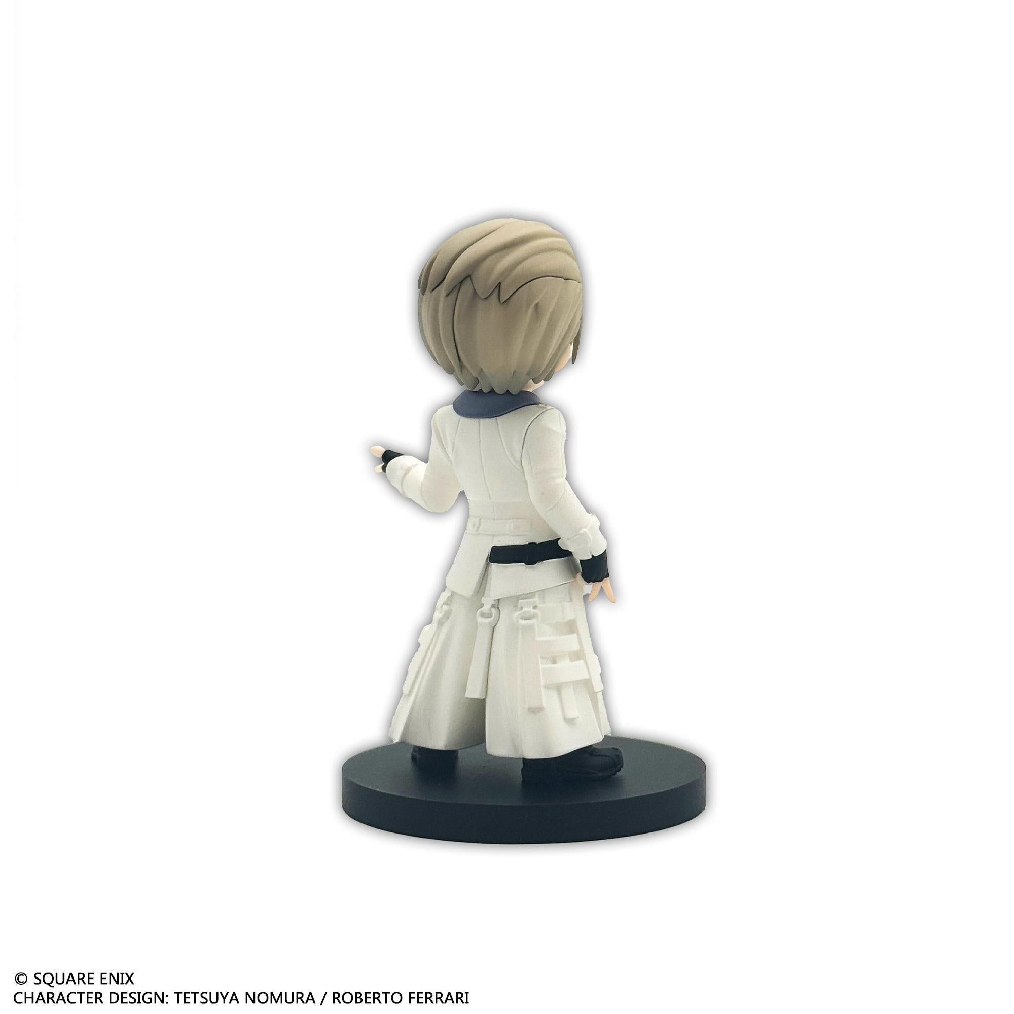 Rear individual view of the Rufus Shinra mini figure, showcasing the back tailoring and long slit tails of his white formal coat.