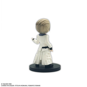 Rear individual view of the Rufus Shinra mini figure, showcasing the back tailoring and long slit tails of his white formal coat.