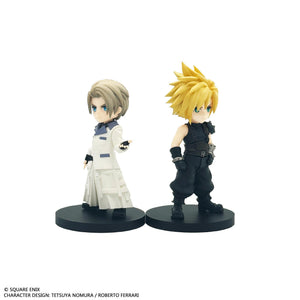 Side-by-side comparison view of the Rufus Shinra in a white coat and Cloud Strife mini figures from Final Fantasy VII Rebirth.
