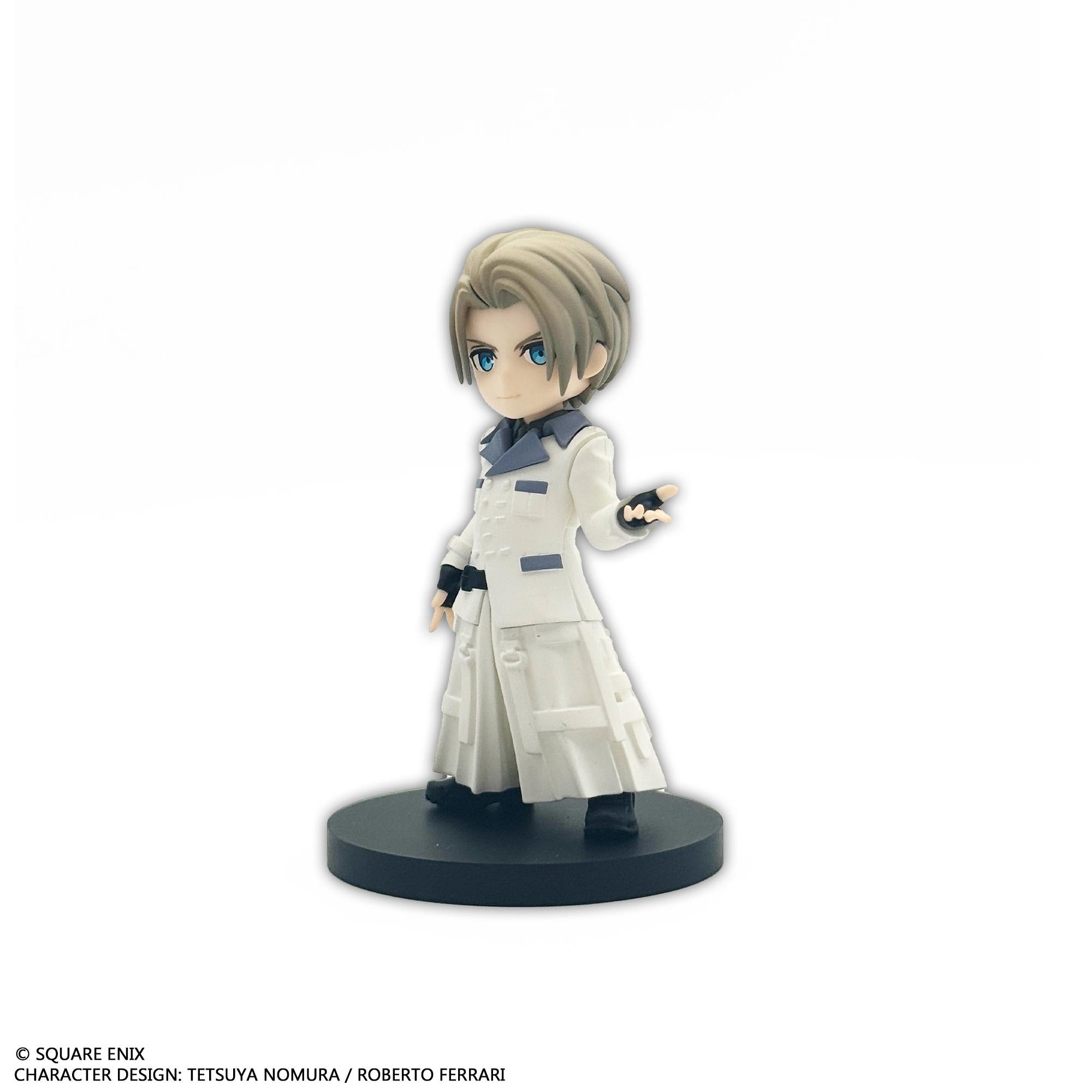 Front individual view of the Rufus Shinra mini figure featuring short grey hair, blue eyes, and his long white double-breasted Shinra military coat.