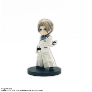 Front individual view of the Rufus Shinra mini figure featuring short grey hair, blue eyes, and his long white double-breasted Shinra military coat.