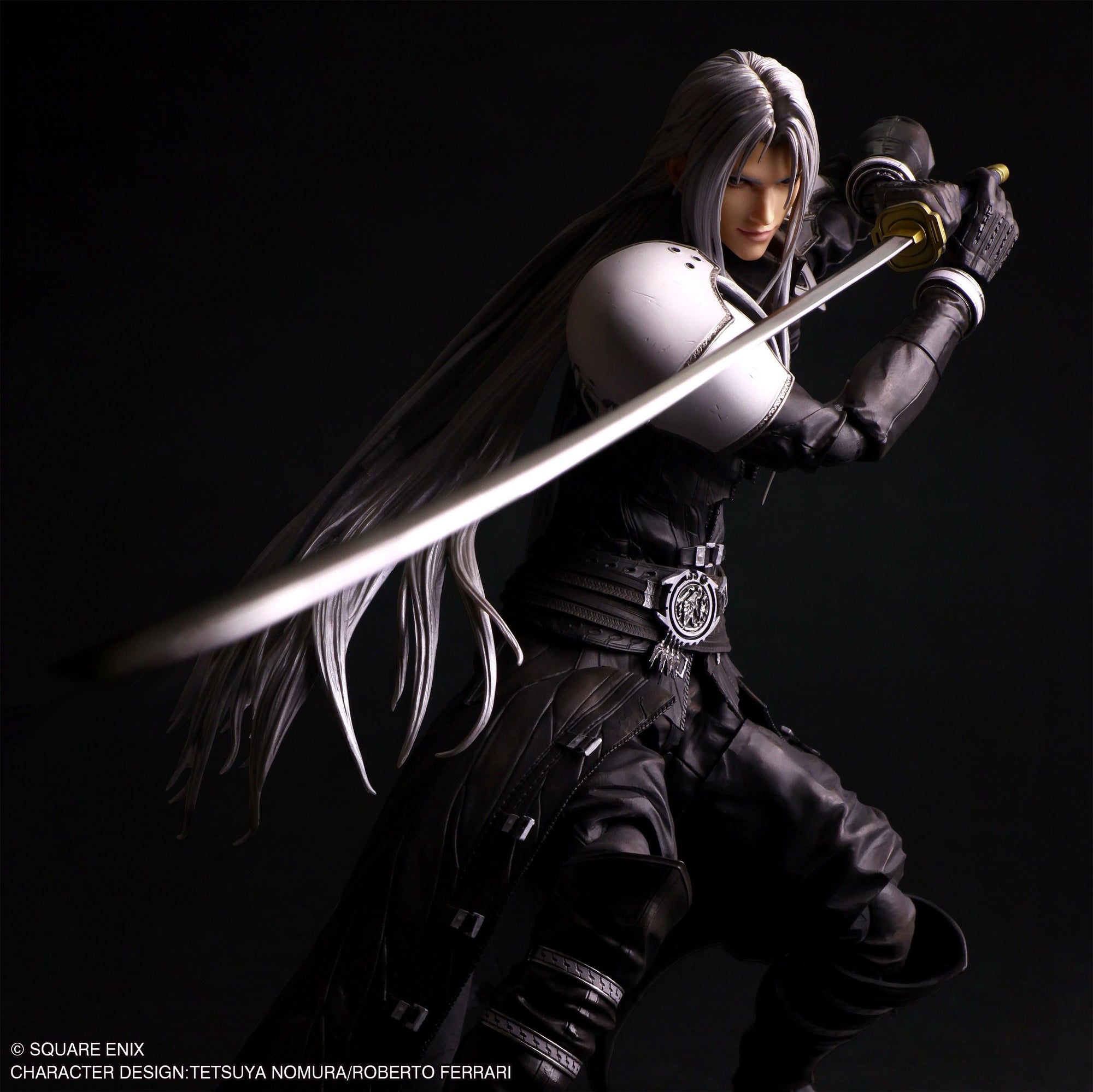 Sephiroth Play Arts Shin figure in two-handed sword attack pose with flowing silver hair.