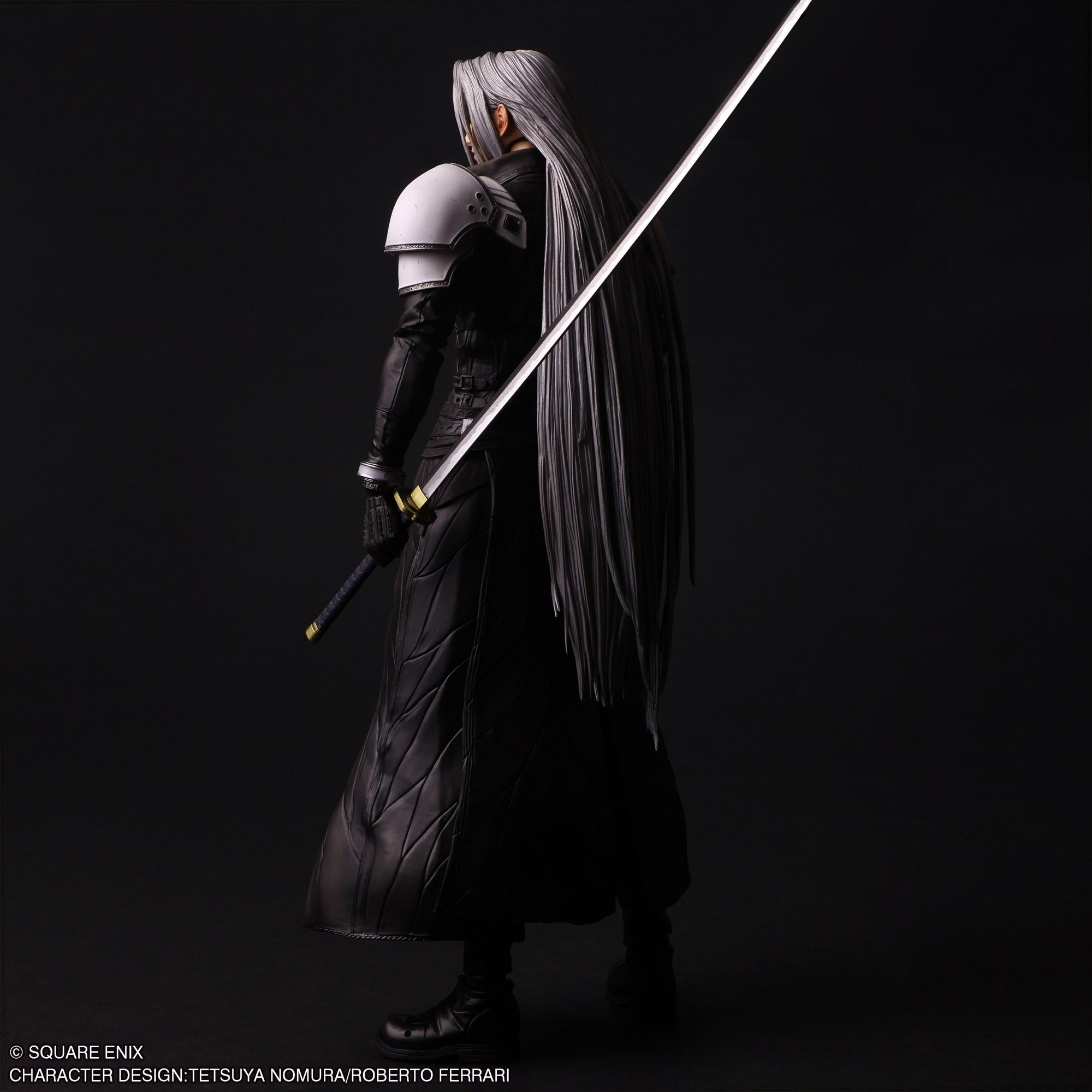 Rear view of Play Arts Shin Sephiroth figure showcasing detailed long silver hair and black coat.