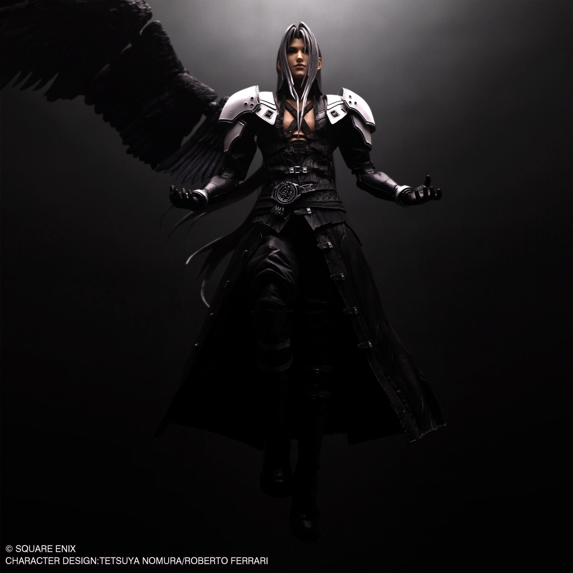 Dramatic floating pose of Play Arts Shin Sephiroth figure with single black wing outstretched.