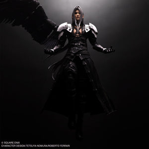 Dramatic floating pose of Play Arts Shin Sephiroth figure with single black wing outstretched.