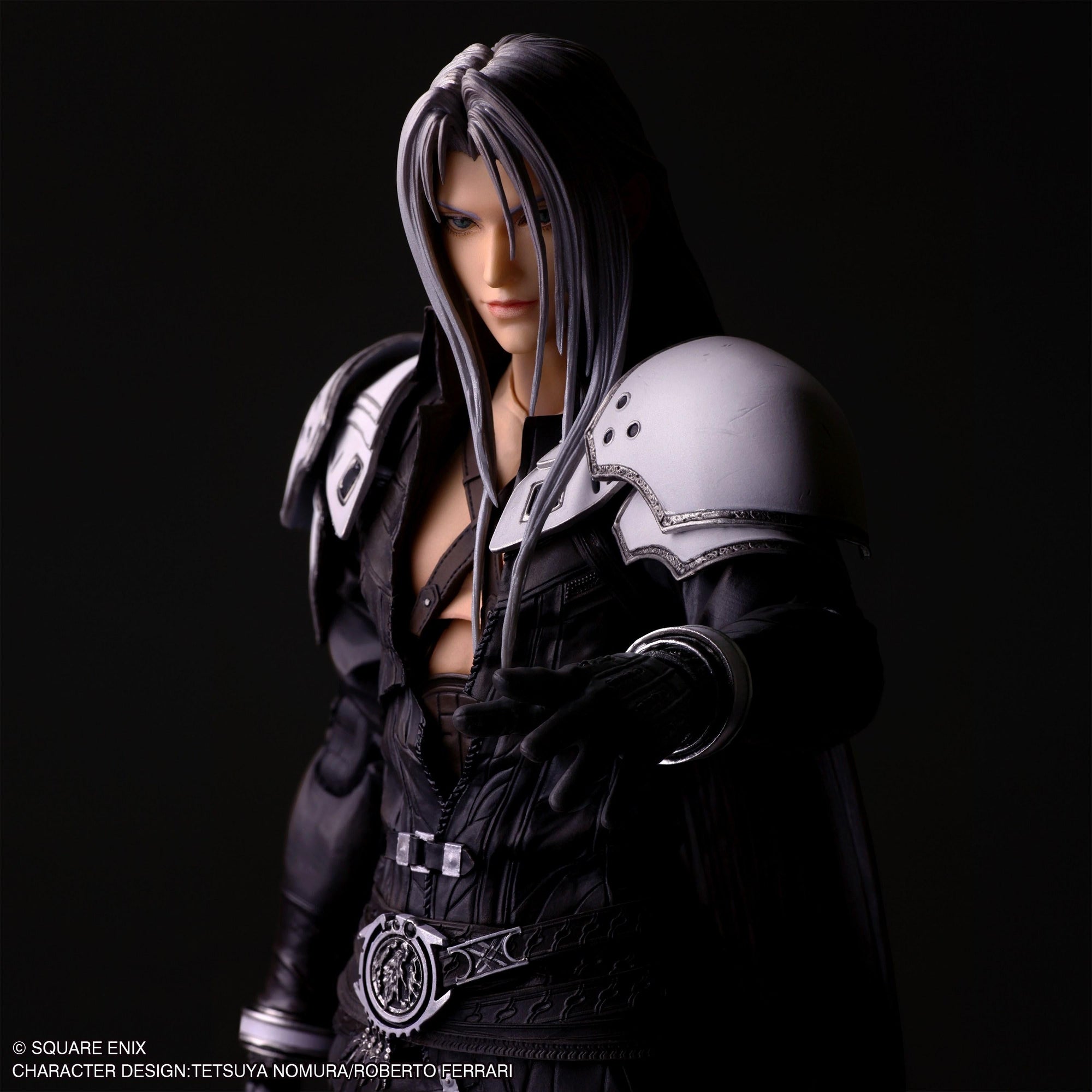 Close-up portrait of Play Arts Shin Sephiroth figure showing detailed facial features and chest armor.