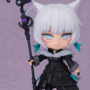 Front display shot of the Y'shtola Nendoroid figure from Final Fantasy XIV holding the Nightseeker staff on a clear base against a purple studio backdrop.
