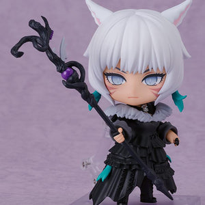 Y'shtola Nendoroid figure in a focused combat stance holding her dark magic staff with her serious face plate expression.