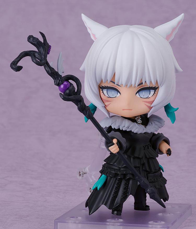 Y'shtola Nendoroid figure in a focused combat stance holding her dark magic staff with her serious face plate expression.