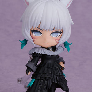 Standing front view of the Y'shtola Nendoroid displaying her black feather-trimmed dress, cat ears, and serious expression.