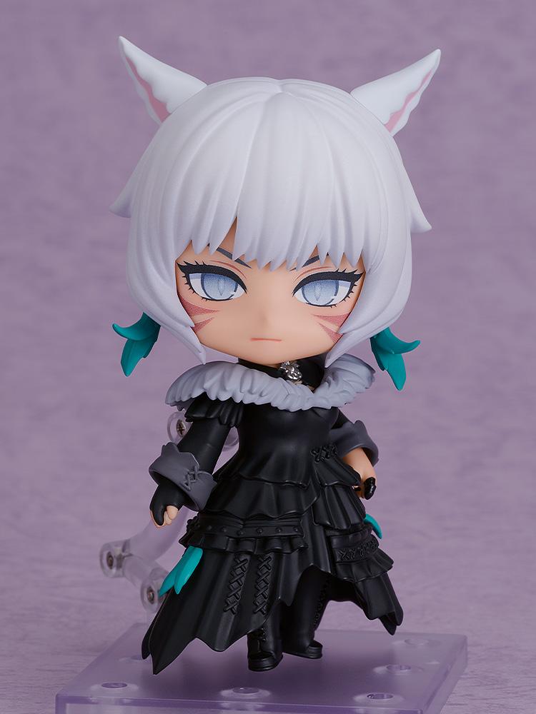 Standing front view of the Y'shtola Nendoroid displaying her black feather-trimmed dress, cat ears, and serious expression.