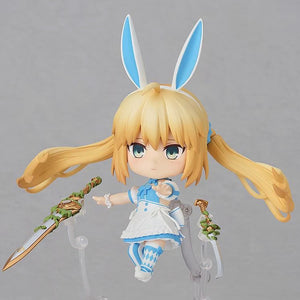 Nendoroid Altria Caster figure with the blushing face plate, arms outstretched, highlighting the bunny ears and diamond pattern stockings.