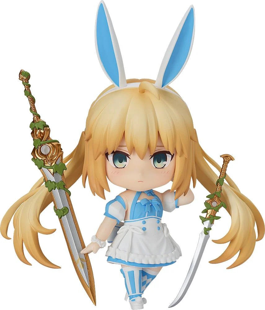 Main image of the Fate/Grand Order Nendoroid Berserker/Altria Caster figure by Good Smile Company, showing the sullen face and rabbit ears with her two swords.