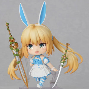 Nendoroid Altria Caster figure with the smiling face plate, holding one of the swords and featuring the blue and white bunny maid outfit.