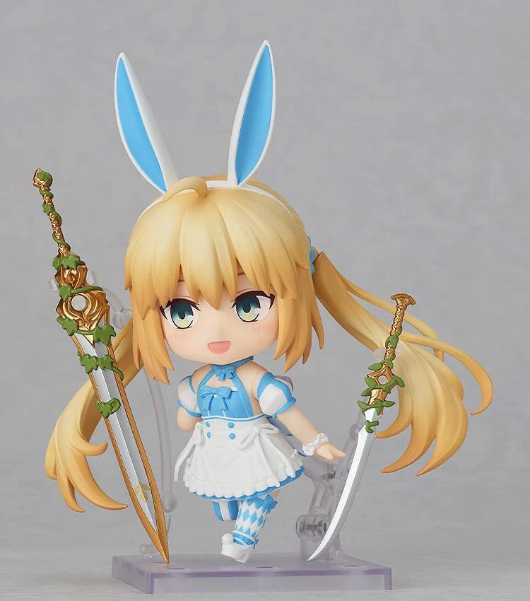 Nendoroid Altria Caster figure with the smiling face plate, holding one of the swords and featuring the blue and white bunny maid outfit.
