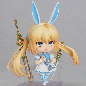 Nendoroid Altria Caster figure with the smiling face, holding the small blue trumpet accessory, with her two swords mounted behind her.