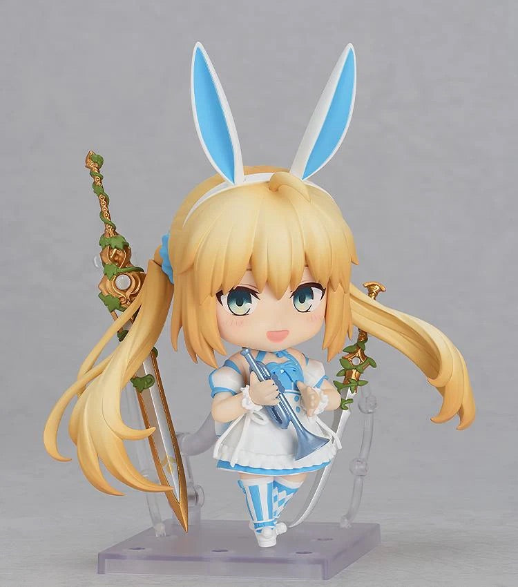 Nendoroid Altria Caster figure with the smiling face, holding the small blue trumpet accessory, with her two swords mounted behind her.