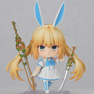 Nendoroid Altria Caster figure with the sullen face plate, posed with the two included weapon accessories: Totsuka no Tsurugi and Mistilteinn.