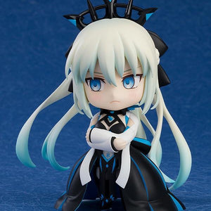 Nendoroid Morgan figure with the blushing face plate, posed with her arms crossed, showing a rare shy expression.