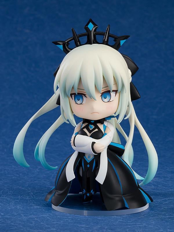 Nendoroid Morgan figure with the blushing face plate, posed with her arms crossed, showing a rare shy expression.