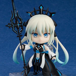 Nendoroid Morgan figure with the calm face plate, holding the magic spear, highlighting her white hair with blue tips and black and blue dress.