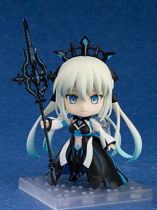 Nendoroid Morgan figure with the calm face plate, holding the magic spear, highlighting her white hair with blue tips and black and blue dress.