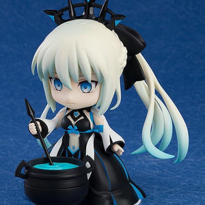 Nendoroid Morgan figure with the magic spear, standing next to the small black cauldron accessory containing blue liquid.