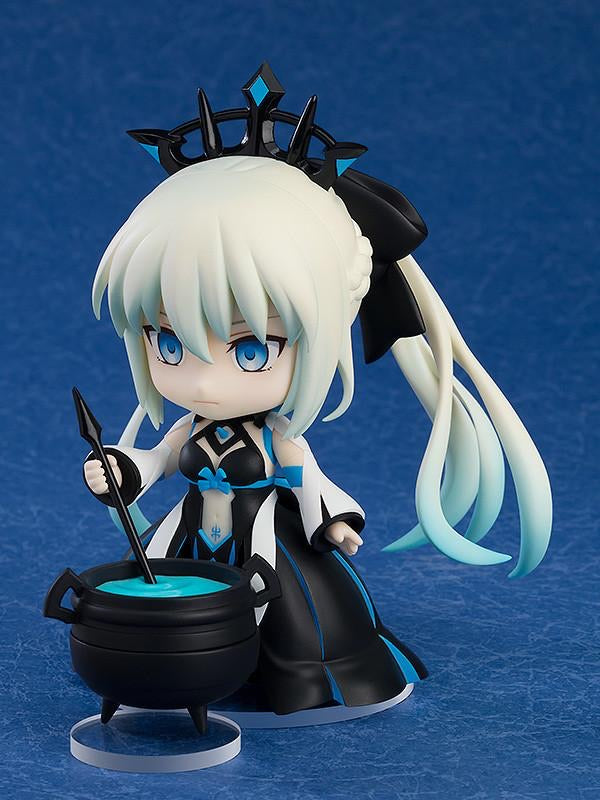 Nendoroid Morgan figure with the magic spear, standing next to the small black cauldron accessory containing blue liquid.