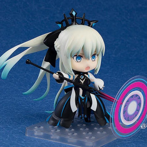 Nendoroid Morgan figure posed with her magic spear and a pink/blue circular effect part, representing an attacking or defensive ability.