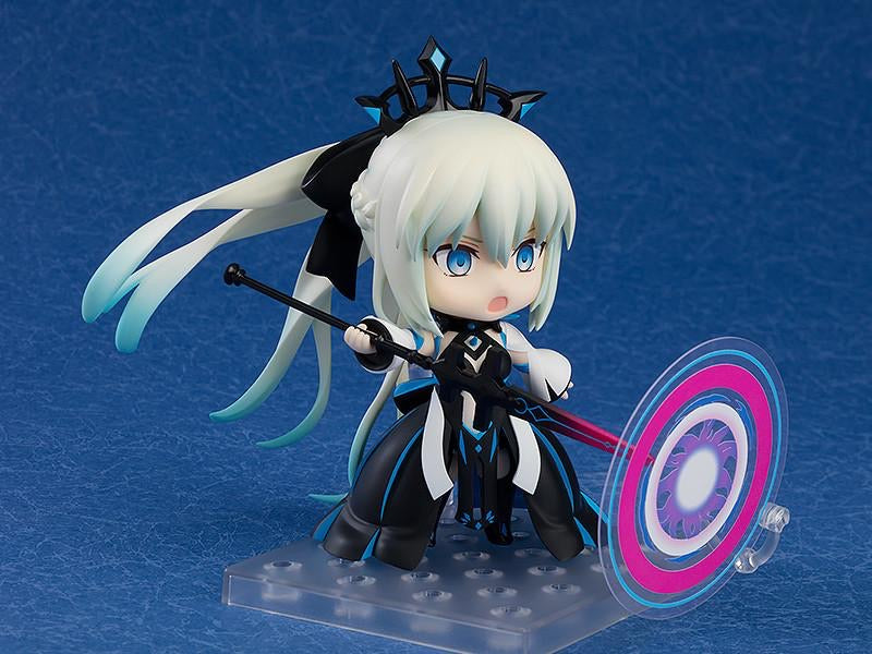 Nendoroid Morgan figure posed with her magic spear and a pink/blue circular effect part, representing an attacking or defensive ability.