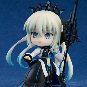 Nendoroid Morgan figure with the combat face plate, holding the spear, posed ready for battle.
