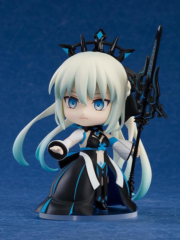 Nendoroid Morgan figure with the combat face plate, holding the spear, posed ready for battle.
