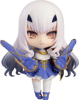 Main image of the Fate/Grand Order Nendoroid Lancer/Melusine figure, posed holding her massive blue twin-blade weapon, Innocence Arondight, with a calm expression.
