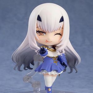 Nendoroid Melusine figure with the tongue sticking out face plate, winking and giving a peace sign, showing a cheerful personality.
