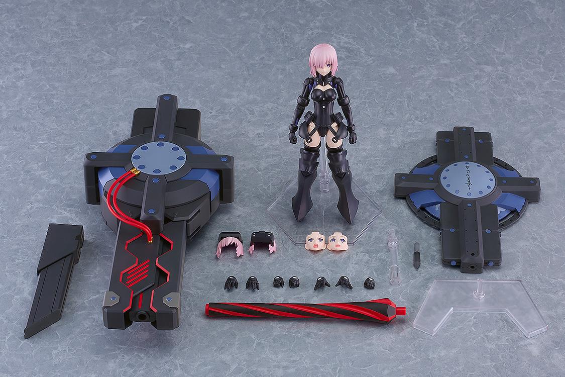 Flat lay arrangement displaying all parts included in the Black Barrel Edition model kit, including Mash figure, shield, Black Barrel parts, hands, and face plates.