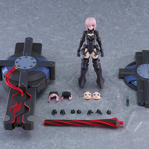 Flat lay arrangement displaying all parts included in the Black Barrel Edition model kit, including Mash figure, shield, Black Barrel parts, hands, and face plates.