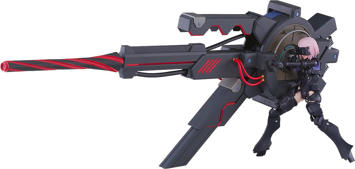 Side profile view of the PLAMATEA Mash Kyrielight figure aiming the giant Black Barrel weapon isolated on a white background.