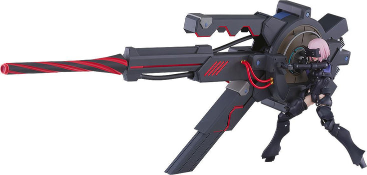 Side profile view of the PLAMATEA Mash Kyrielight figure aiming the giant Black Barrel weapon isolated on a white background.