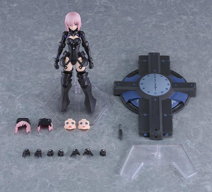 Flat lay display showing all included model kit contents, including the Mash figure, shield, face plates, hair parts, extra hands, and display stand.
