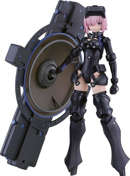 Full-body view of the PLAMATEA Shielder Mash Kyrielight Ortinax model kit figure standing beside her large shield isolated on a white background.